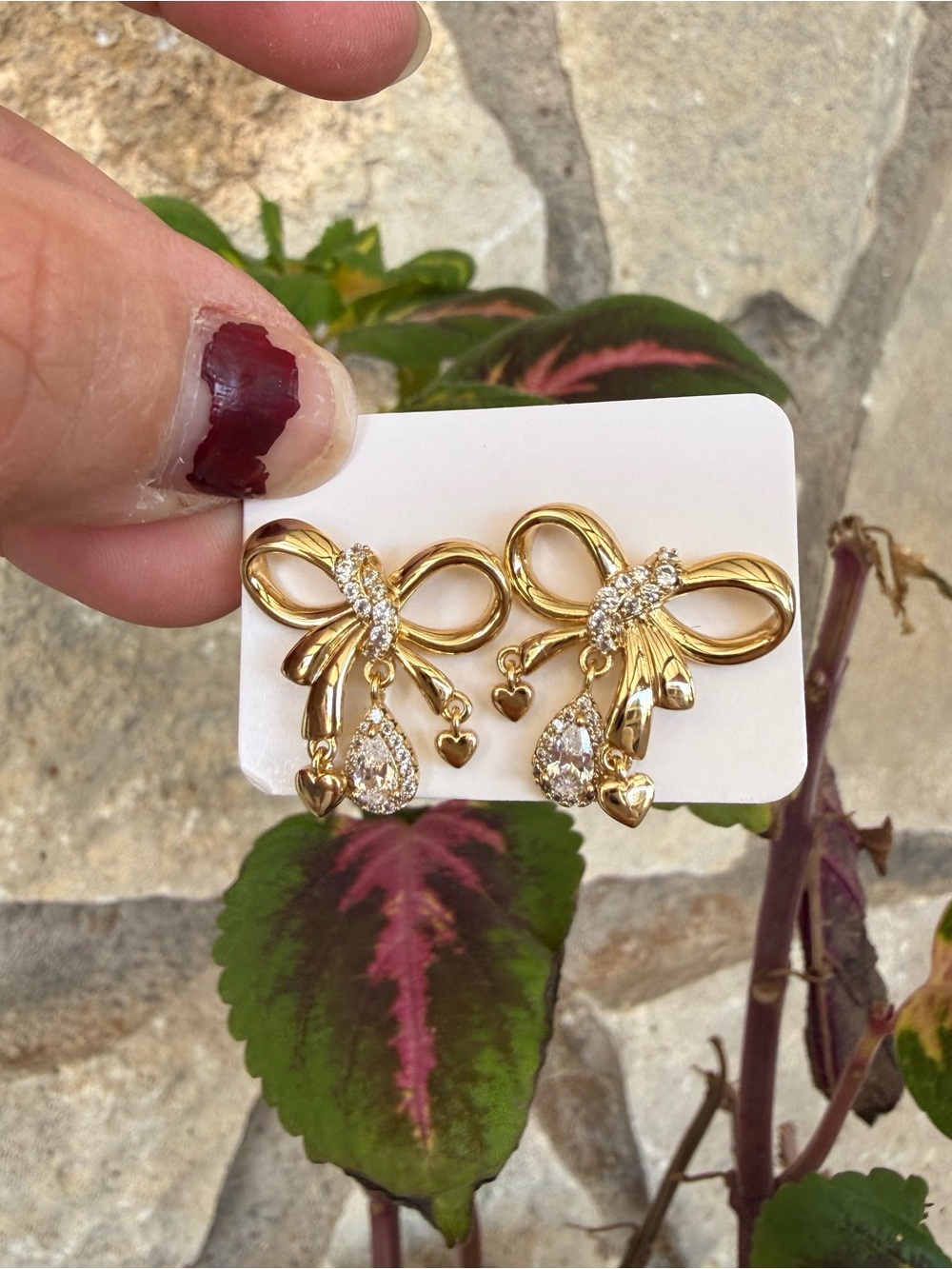 Gold-plated Bow and Heart Drop Earrings with Clear Crystals - Women's Jewelry